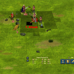 Turn-based battle on a grass grid: the army attacks a group of rogue peasants led by a boss