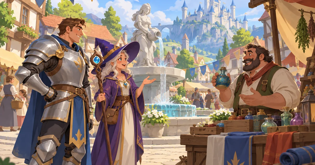 Adventurers, merchants and mages gathered in a busy fantasy village square