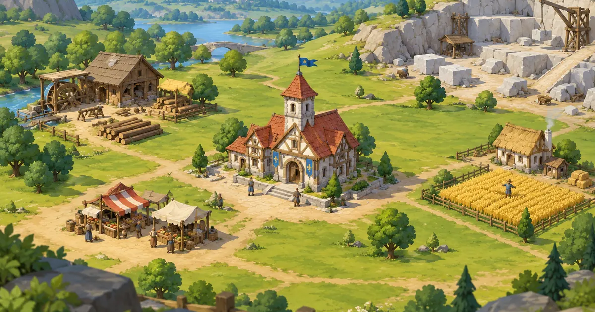 A growing medieval town with farms, a lumber mill, a market and a town hall