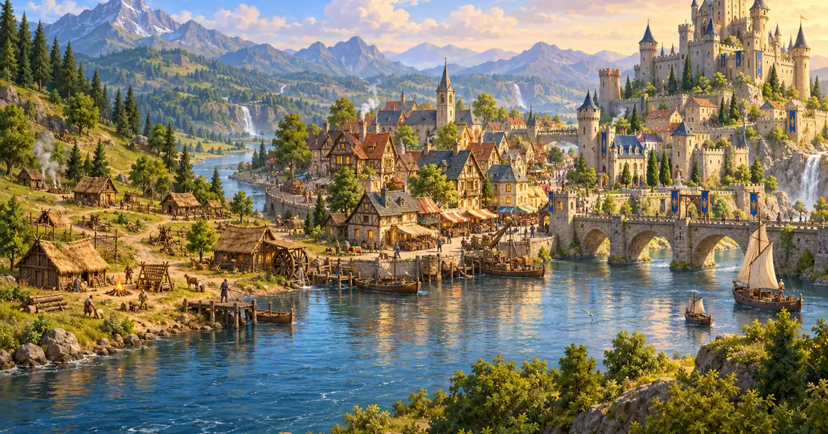 A settlement growing from simple huts on the left to a stone castle on the right along one river