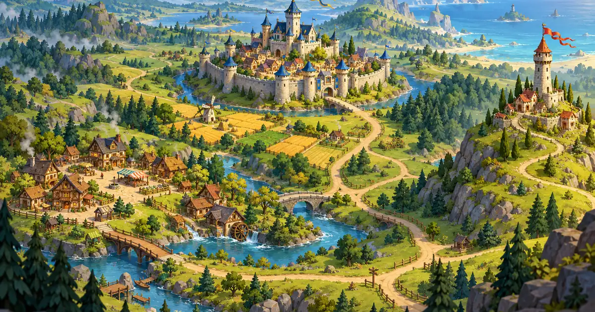 Three fantasy towns joined by roads across a painted map, one flying a hero's banner