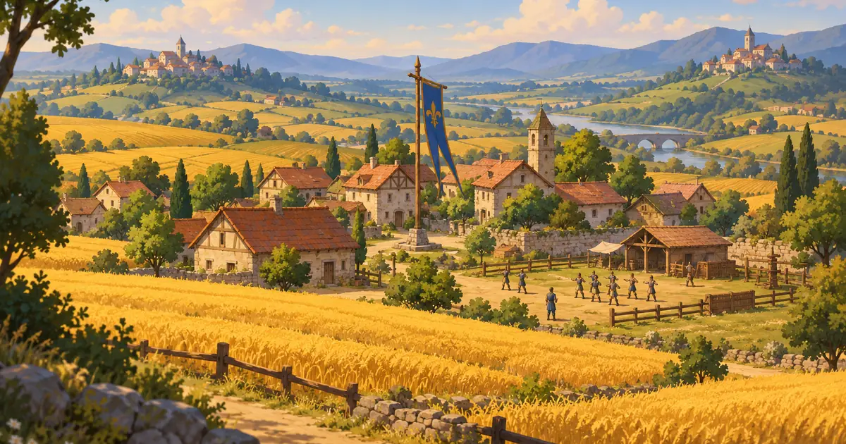 A village among fields with a rally flag, soldiers drilling and neighbouring villages beyond