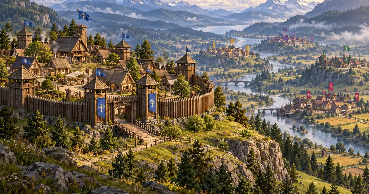 A walled wooden village with watchtowers and neighbouring villages flying different banners