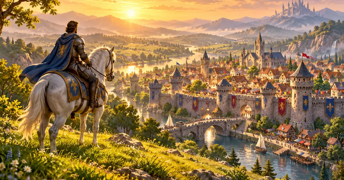 A knight on horseback on a hill above a walled fantasy town at golden hour