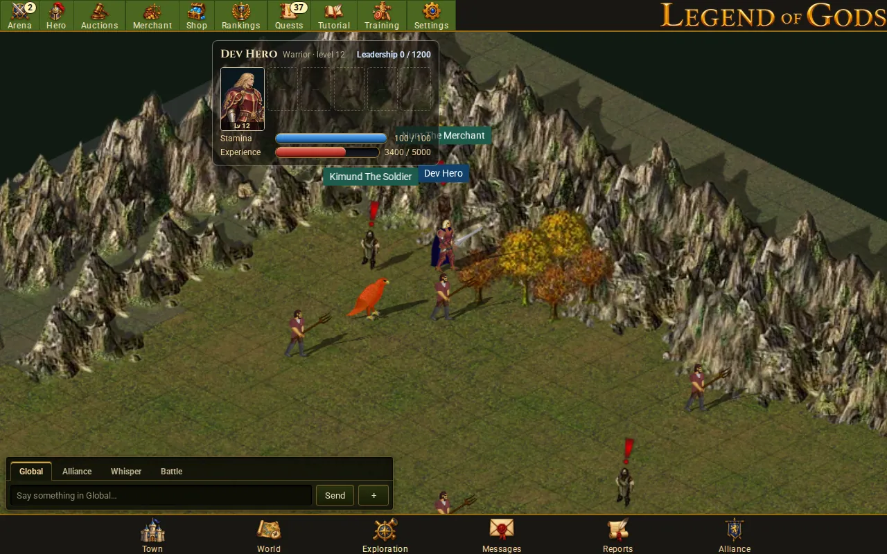 A Legend of Gods hero and townsfolk on a mountain path in the exploration screen