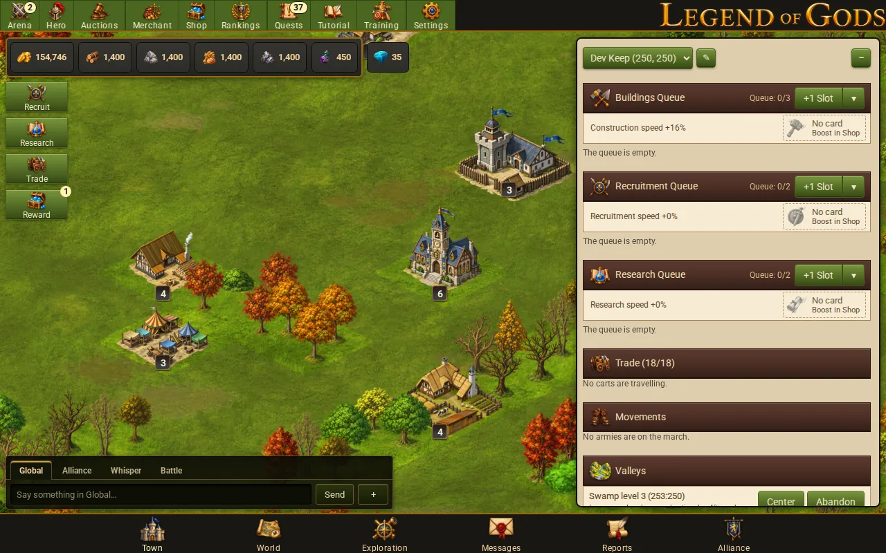 The Legend of Gods town screen with a keep, farm, market and church and the build queues