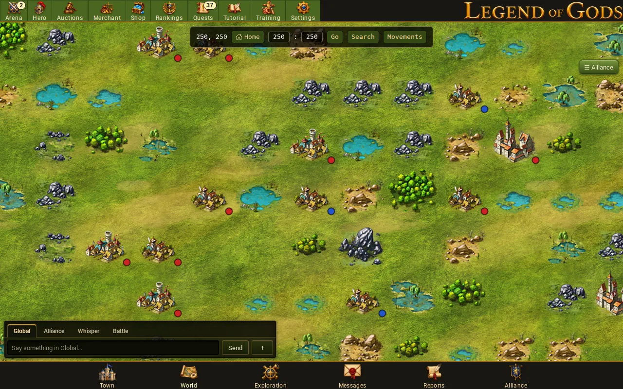 The Legend of Gods world map with towns, mines and lakes across open land